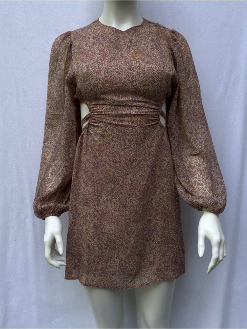 Brown Paisley Cutout Mini Long-Sleeve Dress Sz S RUNS SMALL